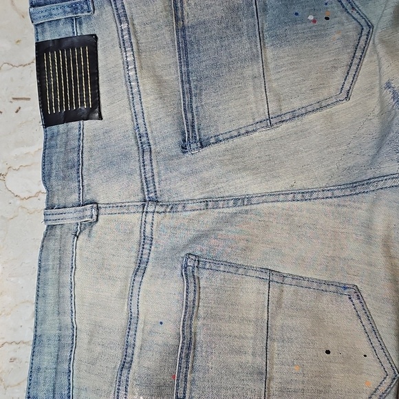 Serenede Mens Stretch Skinny Distressed Paint Splatter Light Wash Denim Jeans 34 - Picture 6 of 9